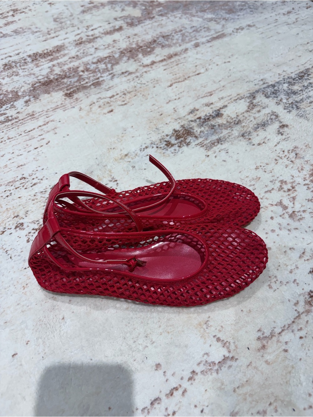 Red Women's Mesh Ballet Flats with Ankle Strap